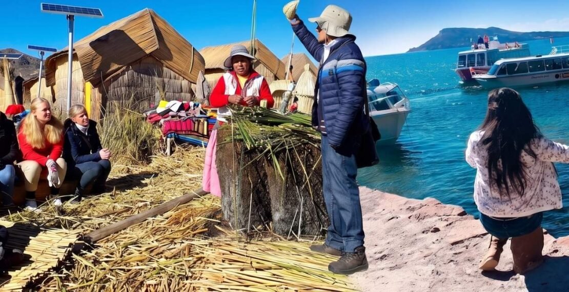 Viajeros conociendo las islas flotantes de los Uros en el lago Titicaca en la portada del tour Cusco y Puno de 9 días. Viajes en Cusco.