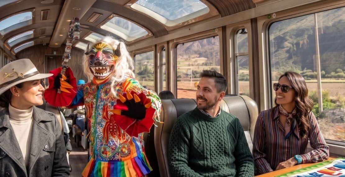 Viajeros disfrutando de una danza típica a bordo en la portada del tour Machu Picchu de 2 días 1 noche en tren. Viajes en Cusco.