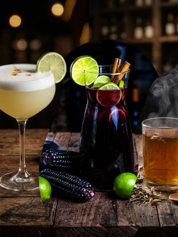 Pisco sour, chicha morada y emoliente en la promoción del walking tour gastronómico en Cusco. Bebidas de Perú.