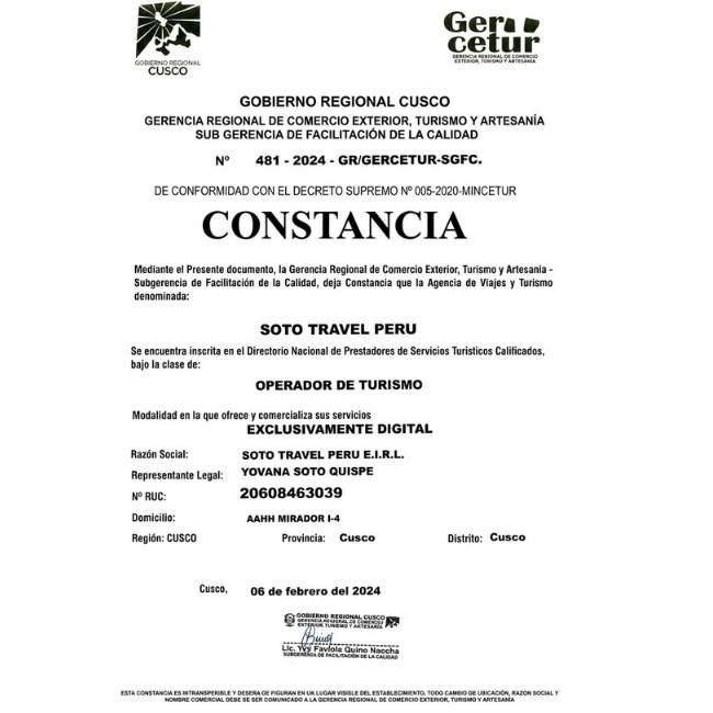 Constancia oficial de Gercetur Cusco del operador turístico autorizado Soto Travel Perú. Agencia de viajes formal.